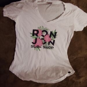 Ron Jon White V-Neck Graphic Tee with Pink Floral Print